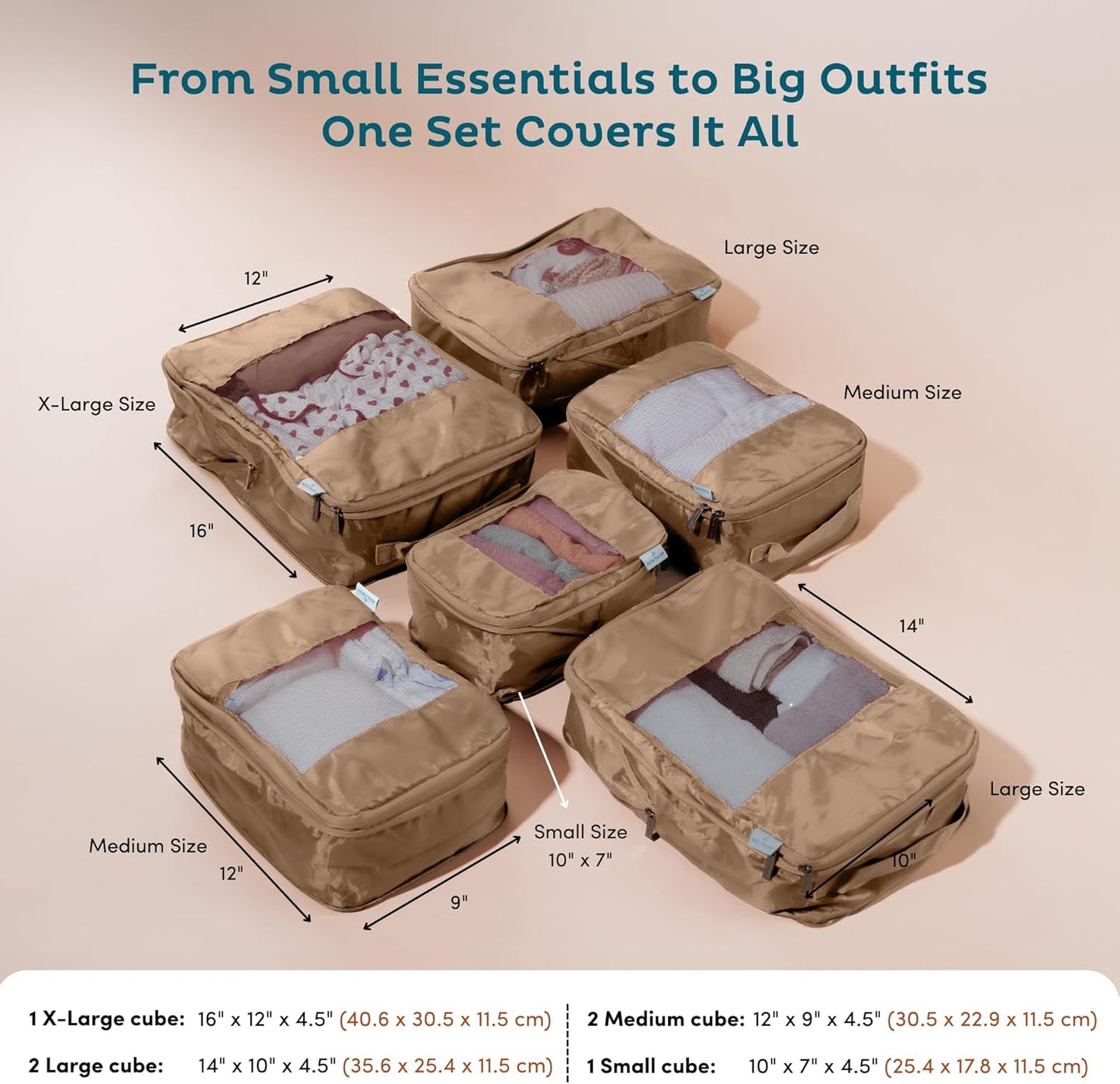 6-Pack Compression Packing Cubes Travel Essentials - Lightweight, Water-Resistant Luggage Organizer Bags with Handles, Durable Travel Accessories Suitcase Organizer (Mocha)