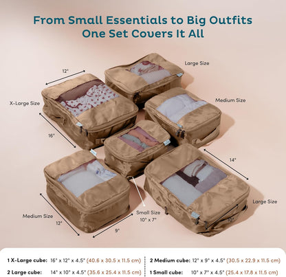 6-Pack Compression Packing Cubes Travel Essentials - Lightweight, Water-Resistant Luggage Organizer Bags with Handles, Durable Travel Accessories Suitcase Organizer (Mocha)