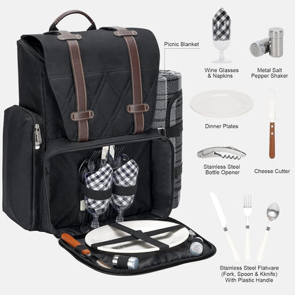 Picnic Backpack for 2 Person with Large Insulated Cooler Bag, Picnic Basket Set with Wine Pouch, Waterproof Picnic Blanket & Cutlery Set. Perfect for Camping, Party,Wedding Gift for Couple.2P-Black