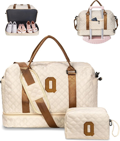 Birthday Gift Teen Girls-Duffle Bags with Shoe Compartment, Personalized Weekender Bag, Overnight Bag, Travel Bags with Makeup Bag, Teen Girl Basket Mom Birthday Gifts (Letter Q)