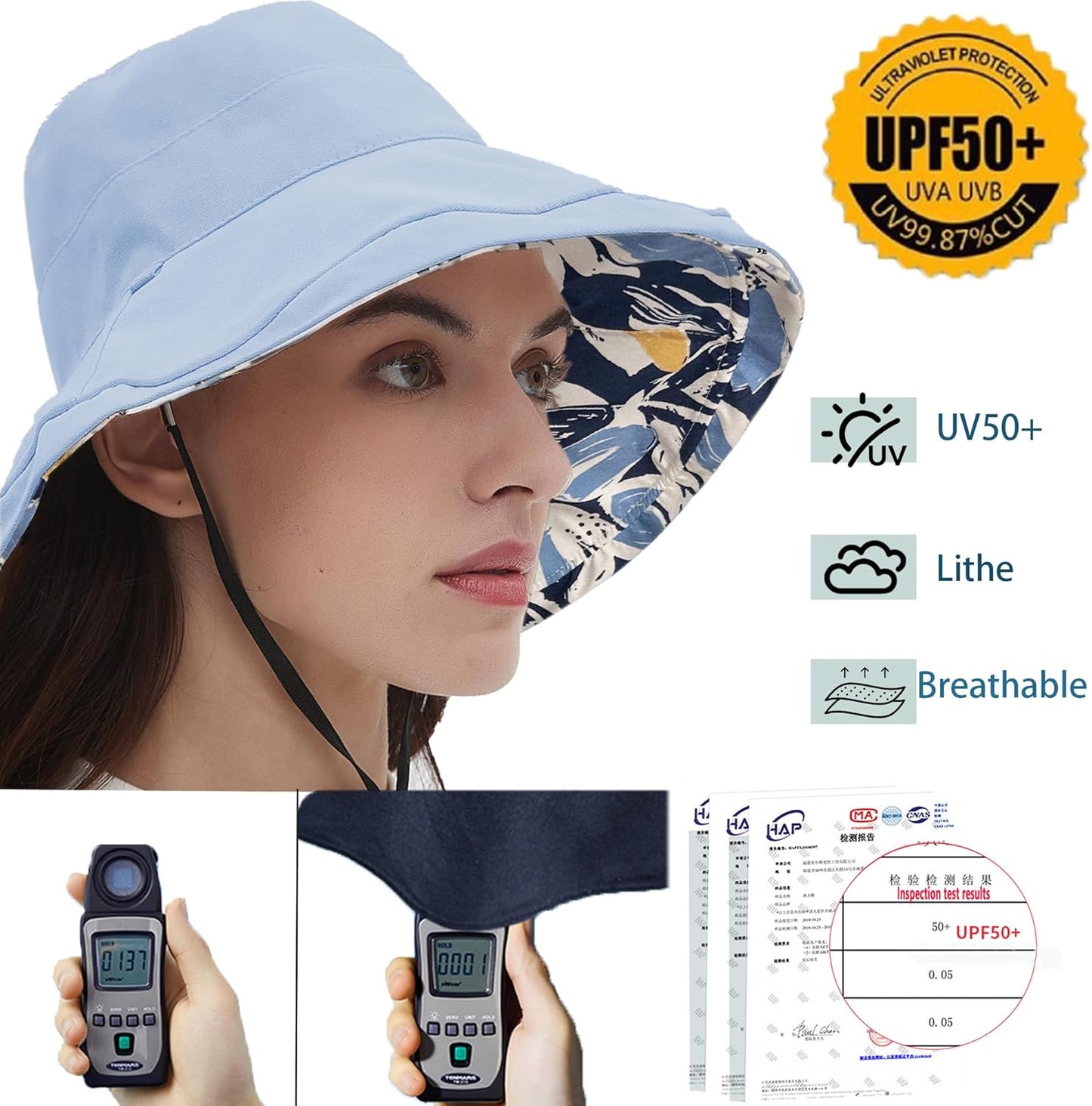 vidsel Womens Sun Hats Wide Brim Reversible Bucket Cotton Hat Packable Summer Travel Cap with Hat Clip,UV Protection