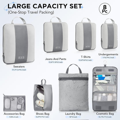 8 Set Compression Packing Cubes for Travel Essentials,Compressible Expandable Packing Cubes for Suitcase,OlarHike Luggage Organizer Bags for Travel,Handy Helper for Organizing Clothes(Gray)