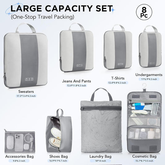8 Set Compression Packing Cubes for Travel Essentials,Compressible Expandable Packing Cubes for Suitcase,OlarHike Luggage Organizer Bags for Travel,Handy Helper for Organizing Clothes(Gray)