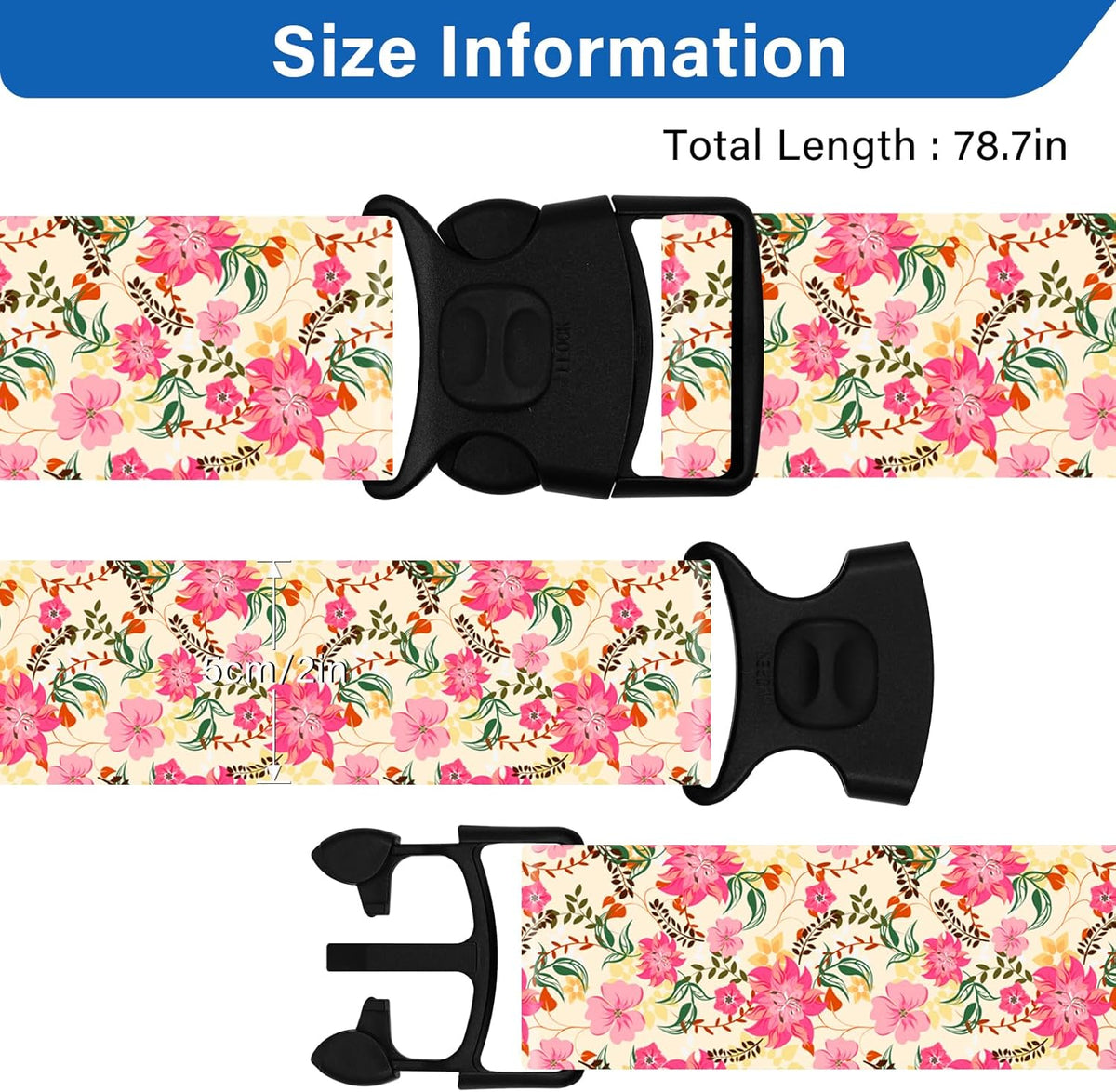 Luggage Straps for Suitcases, Travel Adjustable Belt with Quick Release Buckle, Heavy Duty Nylon Bag Packing Strap, Unique Bright Identifiers Business Travel Accessories (2 Pack) - Pink Flowers