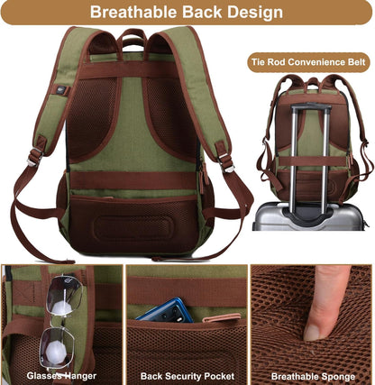 Mactso Canvas Travel Laptop Backpack for Men Women, Business Work Rucksack College Computer Bag Fits 17.3 Inch Notebook,Bookbag with USB Charging Port (Green, 17.3 Inch)