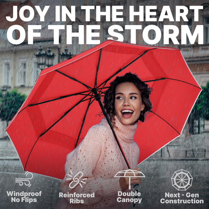 Royal Walk Windproof Folding Travel Umbrella Compact and Strong Luxurious Real Wood Handle Automatic Open Close Vented Double Canopy for Men and Women