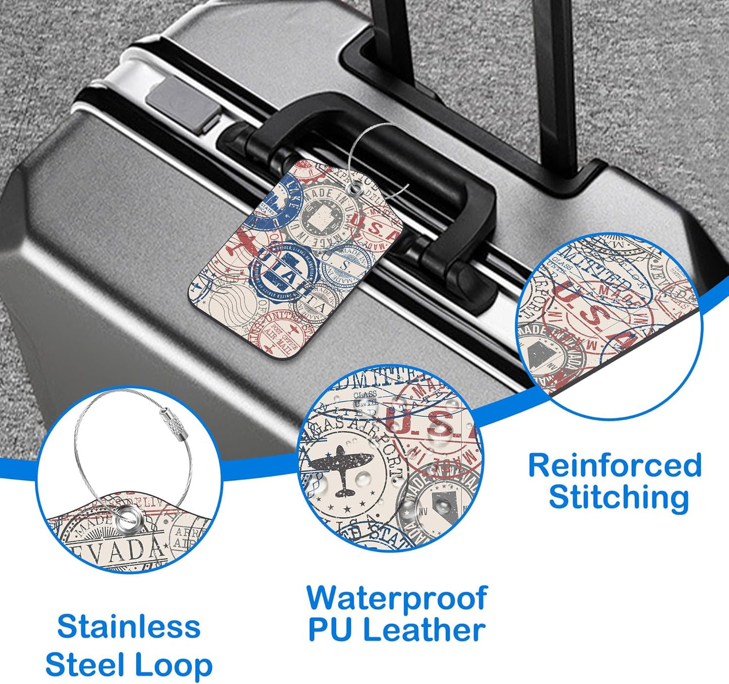 Travel Stamp Luggage Tags for Suitcases Leather Travel Tags for Luggage ID Label with Privacy Cover and Stainless Steel Loop for Men Women Suitcase Backpack, Set of 2