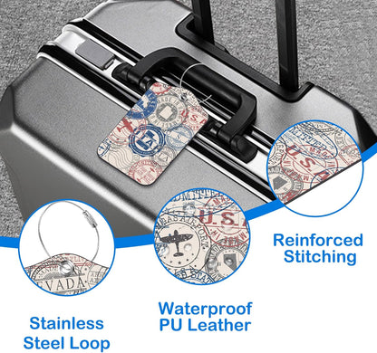 Travel Stamp Luggage Tags for Suitcases Leather Travel Tags for Luggage ID Label with Privacy Cover and Stainless Steel Loop for Men Women Suitcase Backpack, Set of 2