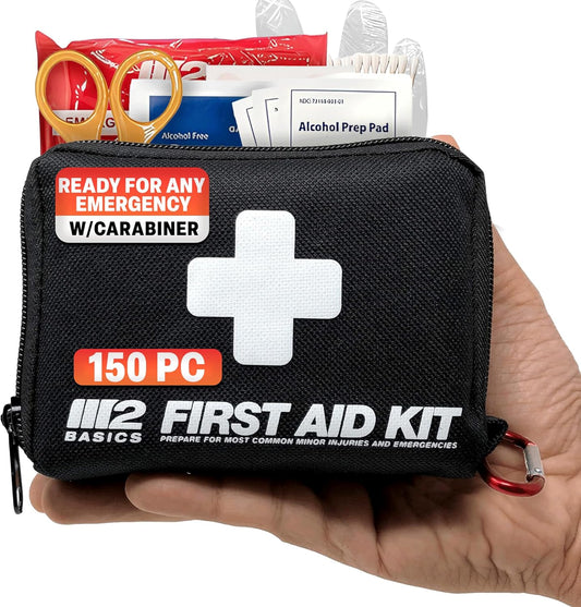M2 BASICS All-Purpose 150 Piece First Aid Kit | Car, Travel, Home, Hiking, Camping, Survival | Small Emergency Kit, Medical Kit