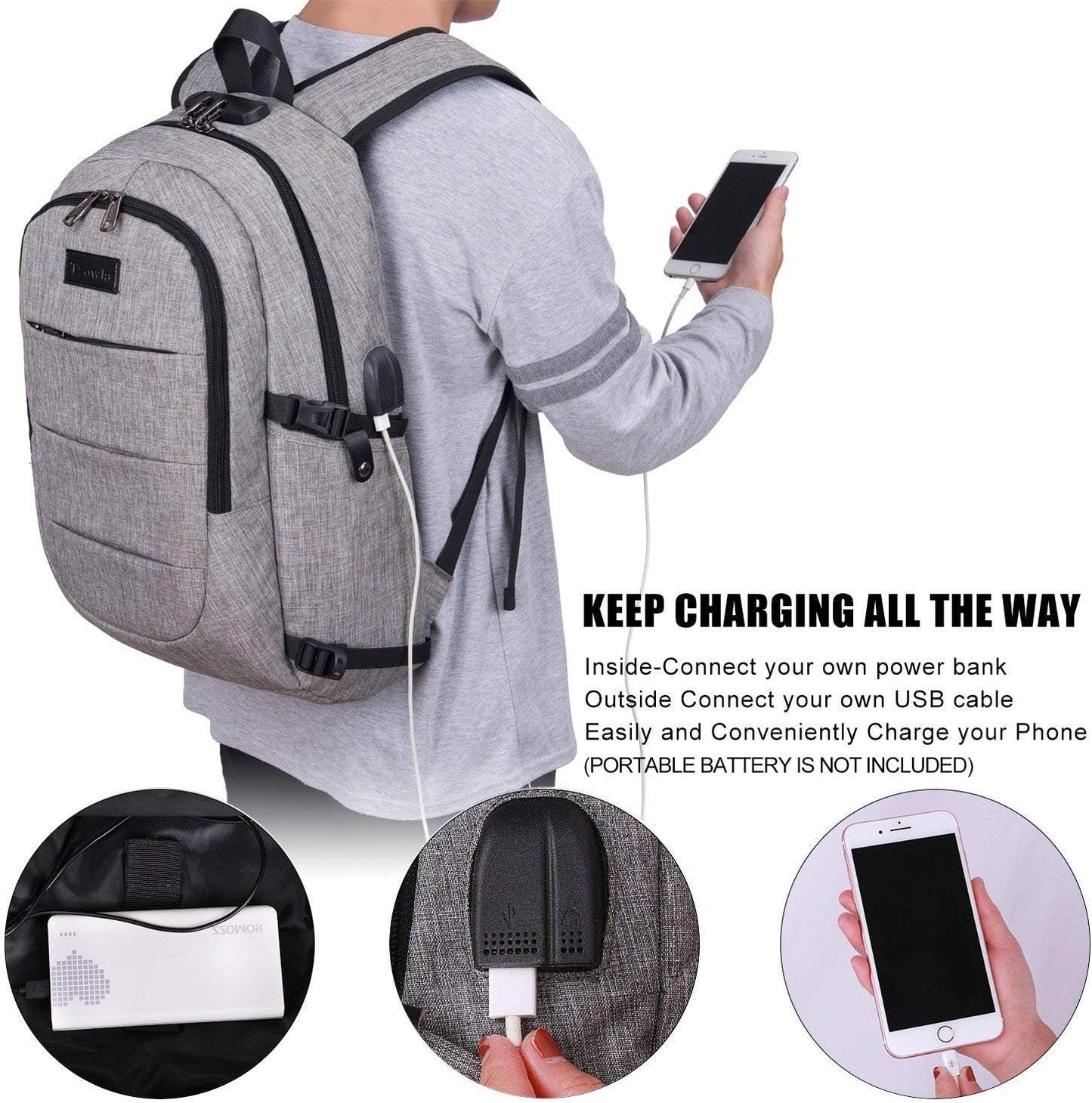 Laptop Backpack for unisex,Anti Theft Water Resistant Travel Work Backpack with USB Charging and Lock 15.6 Inch Computer Bag, Grey