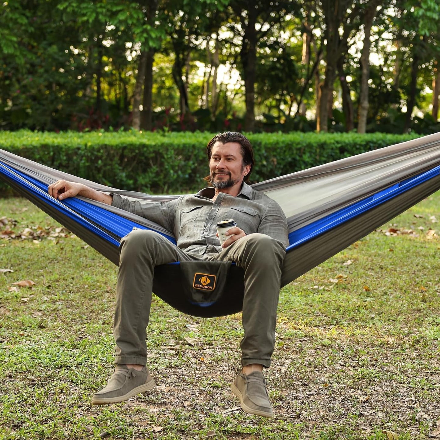 Camping Hammock, Portable Hammocks with Mosquito Net,Lightweight Nylon Parachute Hammock with 10ft Tree Straps,Camping Gear Must Haves for Travel Hiking Backpacking Beach Patio-Deep Grey&Blue