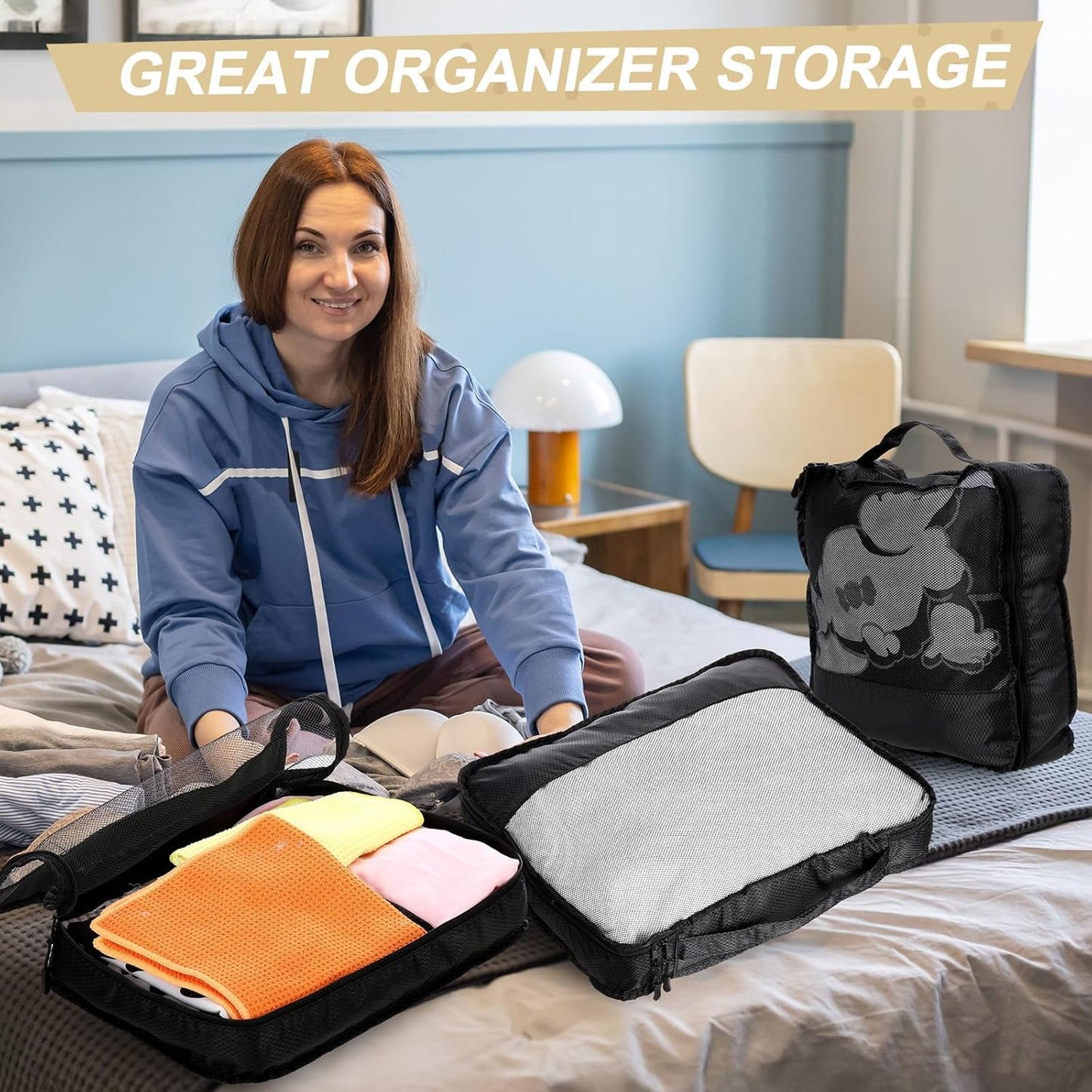 5 Pcs Packing Cubes for Suitcase Large Travel Cubes Carry on Luggage Organizer Bags for Clothes Accessories(M,Black)