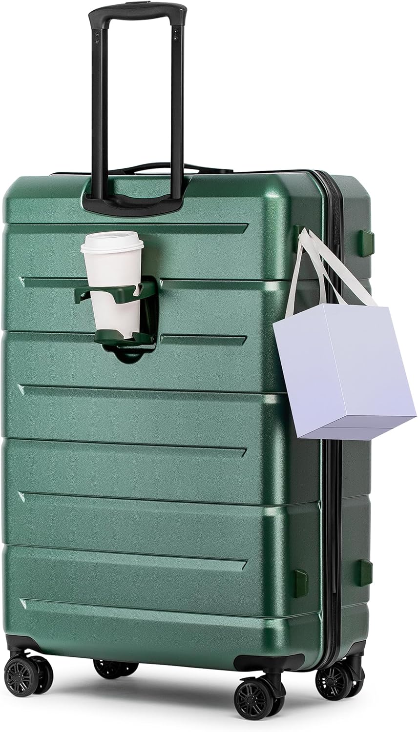 KYME 30 Inch Luggage TSA Approved Hardside Suitcases with Spinner Wheels Durable Large Travel Checked Rolling Luggage with Cup Holder for Women Men Green