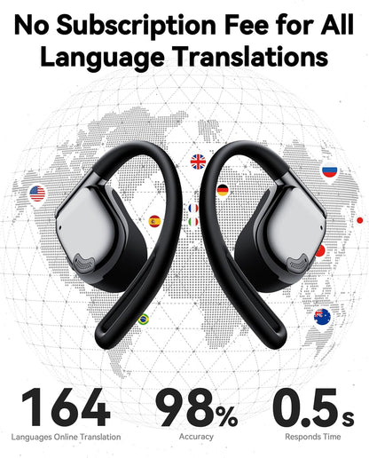 AI Translation Earbuds Real Time, 164 Languages & Accents, 4-in-1 Translator Earbuds Open Ear with 90H Playtime Audifonos Traductores Inglés Español Translation Headphones for Travel Business Meeting
