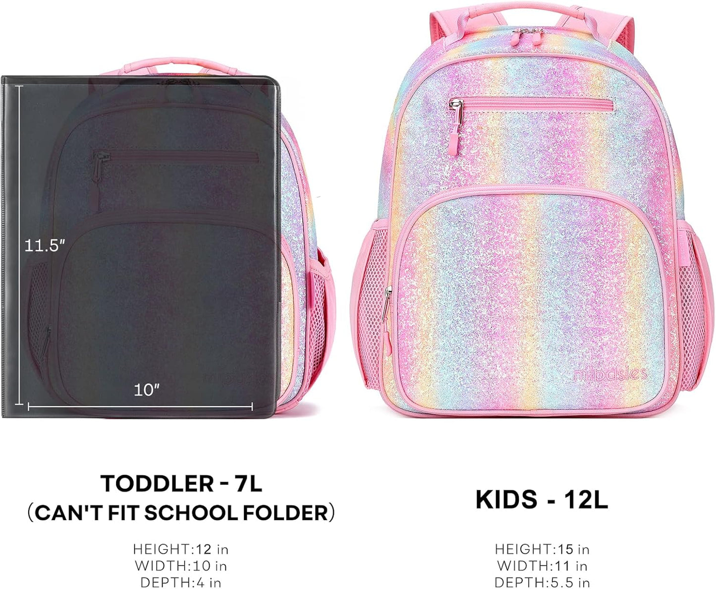 mibasies Toddler Backpack for Girls 2-4: Glitter Kids Backpacks for Girls - Preschool Kindergarten Backpack - Rainbow Pink