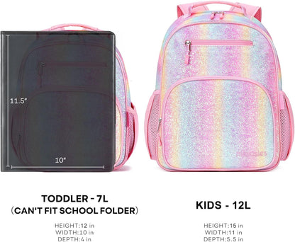 mibasies Toddler Backpack for Girls 2-4: Glitter Kids Backpacks for Girls - Preschool Kindergarten Backpack - Rainbow Pink