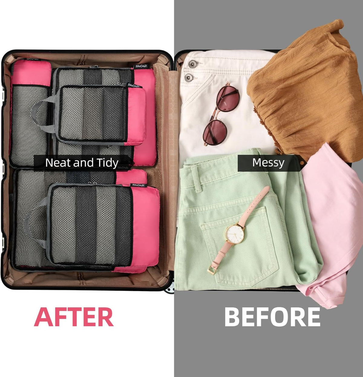 BAGAIL 4 Set/6 Set/8 Set Compression Packing Cubes Travel Accessories Expandable Packing Organizers (Half Mesh, 6-Coral)