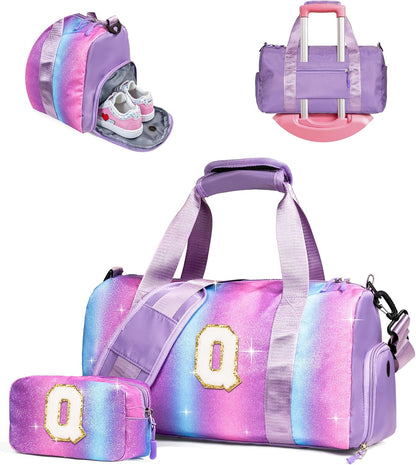 6 7 8 9 10 Year Old Girls Birthday Gift-Girl Gym Bag with Shoe Compartment, Kid Personalized Weekender Overnight Bags, Initial Travel Tote with Makeup Pouch, Easter Gifts for Teen (Letter Q)