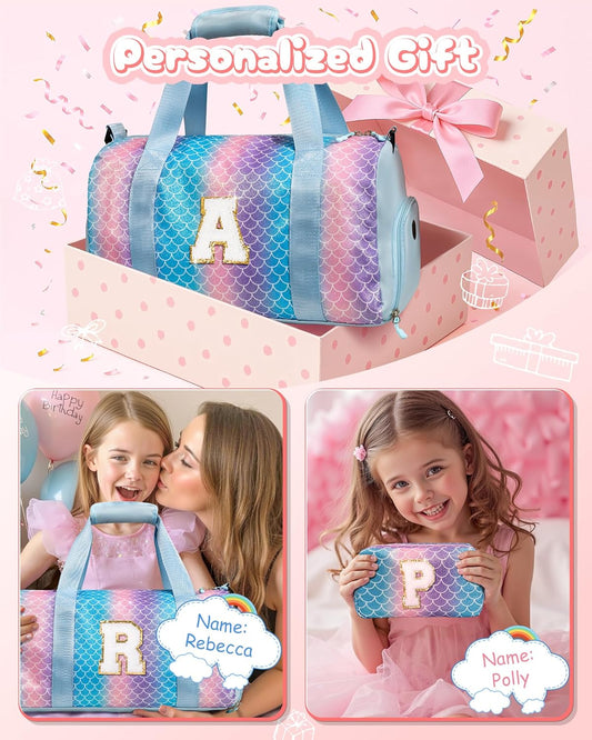 Girls Gifts 9-10 Year Old-Girl Gym Bag with Shoe Compartment, Kid Personalized Weekender Overnight Bags, Initial Travel Tote with Makeup Pouch, Kids Easter Gift (Letter V)