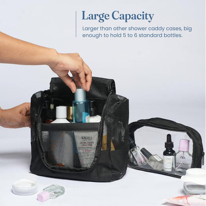 The Fine Living Co. Portable Hanging Shower Caddy Organizer Bag (Free Toiletries Case+Metal Hook) Quick Dry Mesh Shower Caddy Tote Bag Pouch For Bathroom College Dorm Camp Gym Camping 10”x4”x8”(Black)