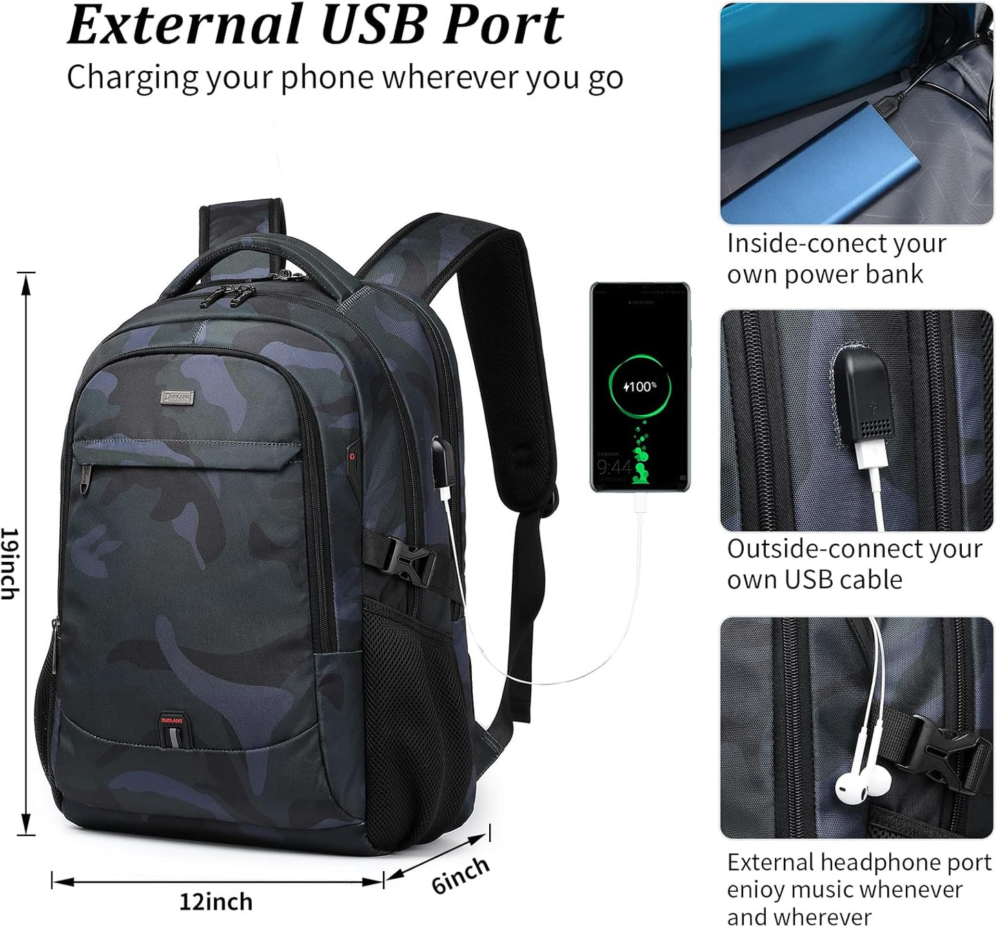 DUSLANG 17 Inch Travel Laptop Backpack Water Resistant Hiking Backpack for Men Laptop Bag with USB Charging Port,Camouflage green