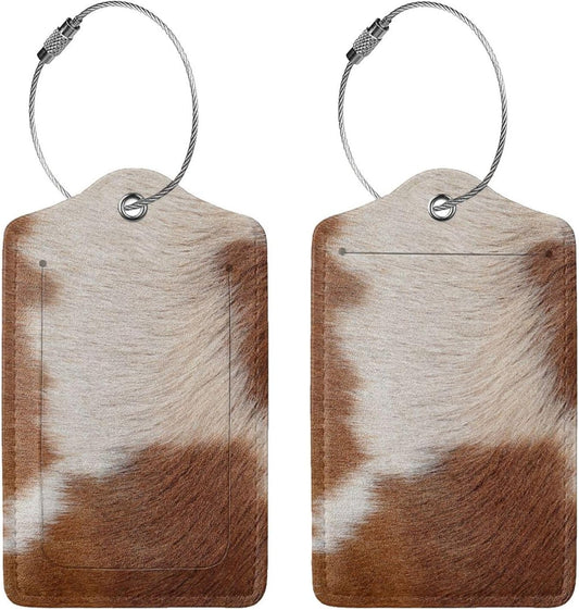 2 Pcs Funny Brown Cowhide Pattern Luggage Tag for Suitcase, Farm Animal Birthday Gift Women Men Boy Girl, Steel Loop with Privacy Cover ID Label