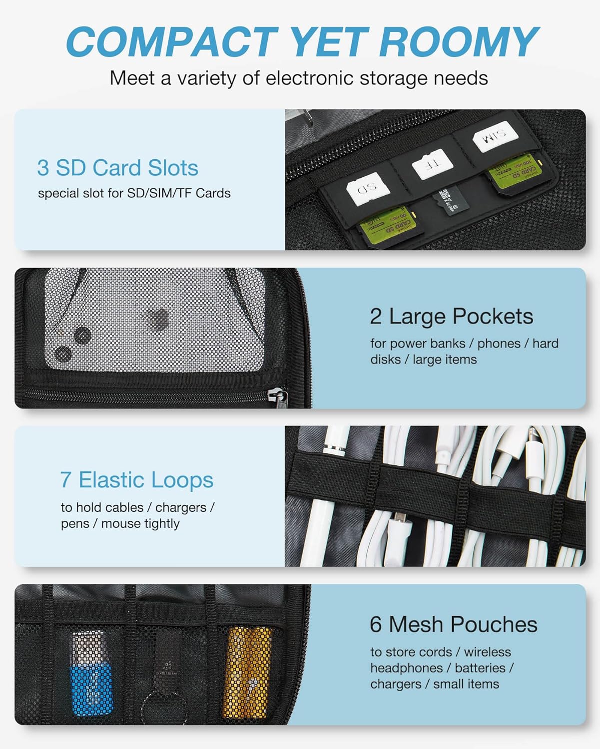 BAGSMART Electronics Travel Organizer Case, Tech Accessories Cord Storage Bag for Phone, Power Bank, SD Card, Cables, Black