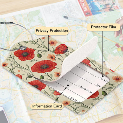 3 PCS Red Poppy Flower Luggage Tags,Suitcase Tags Privacy Cover ID Label with Stainless Steel Loop and Address Card for Travel Bag Suitcase