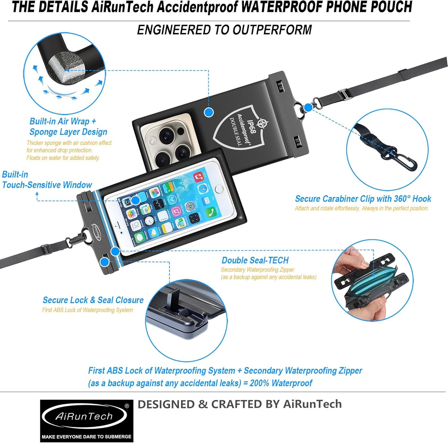 AiRunTech Waterproof Phone Pouch,Floating Waterproof Phone Case with Adjustable Lanyard,Beach,Cruise,Vacation Essentials,Summer Travel Phone Protector-2 Pack(Black + Pink)