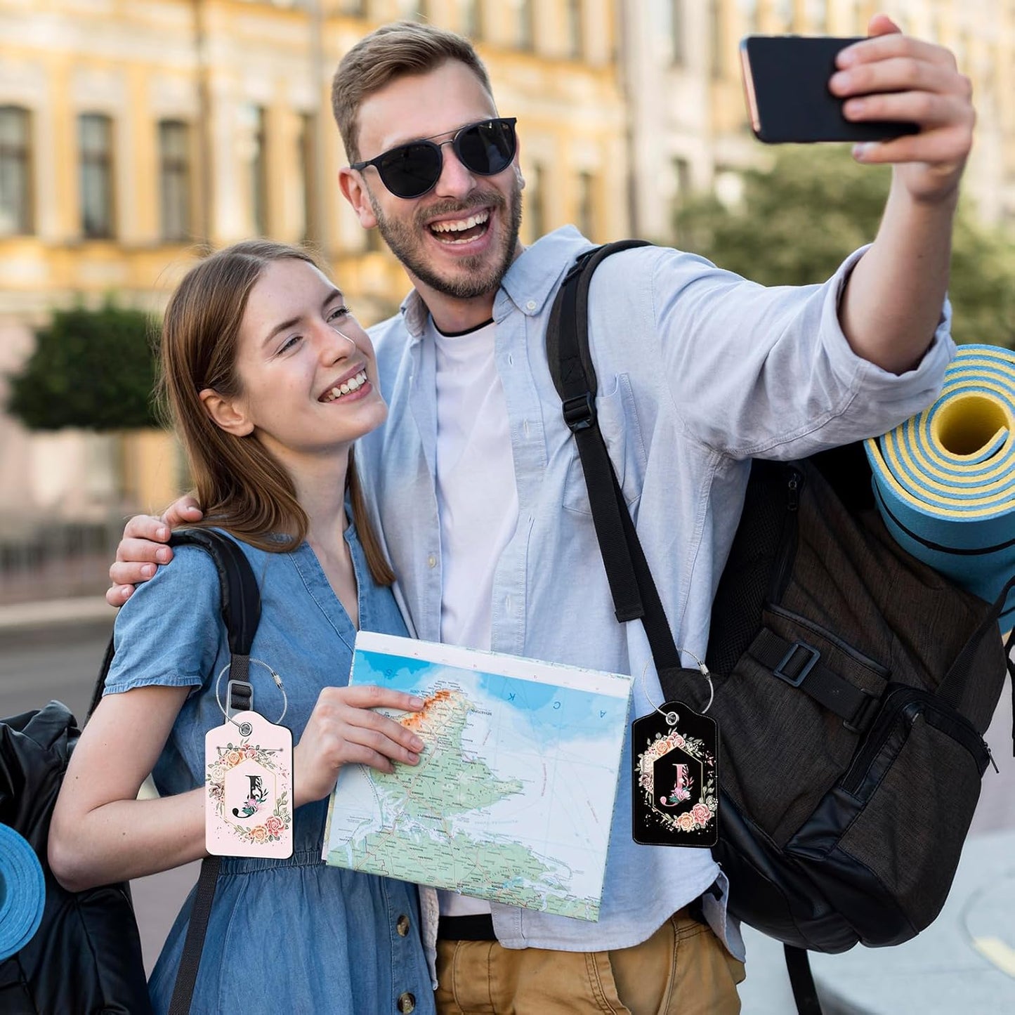 2Pcs Letter J Luggage Tag for Women, Pink Leather Luggage Tags for Suitcases Waterproof, Name ID Labels with Privacy Cover Suitcases Bag Baggage Tags for Travel, Travel Accessory Luggage Tag