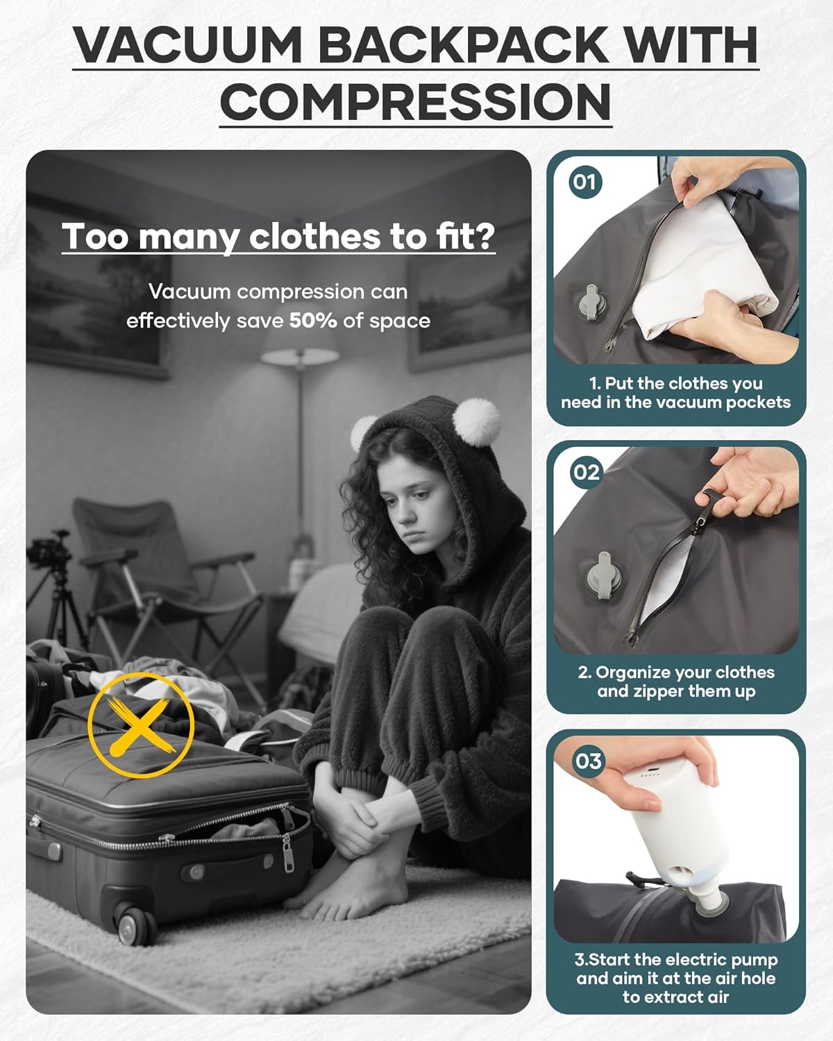 Vacuum Backpack With Vacuum Compression,Expanded Travel Laptop Backpacks For Women Men,Carry On Backpack Vacpack Backpacks With Pump Seal Packing, Personal Item Travel Bag Peacock Blue