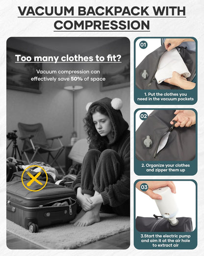 Vacuum Backpack With Vacuum Compression,Expanded Travel Laptop Backpacks For Women Men,Carry On Backpack Vacpack Backpacks With Pump Seal Packing, Personal Item Travel Bag Peacock Blue