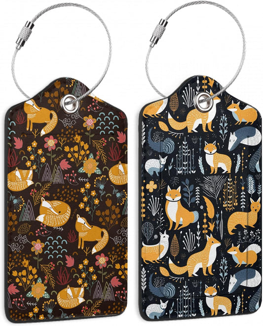 Foxes in The Forest 2 Pack Luggage Tag for Suitcase, Cute Unique Leather Bag Tags Identifiers Privacy Cover ID Label with Durable Steel Loop for Women Men Kids Girls Travel