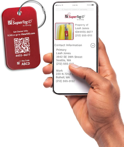 Dynotag® Sentry Series Solid Metal Web Enabled Smart Luggage Tag ID + Steel Loop, Anodized Aluminum with DynoIQ™ & Lifetime Recovery Service (Ruby Red)