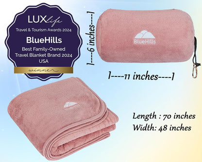 BlueHills Travel Blanket Pillow Rolled Premium Soft Plush Airplane Throw Traveling Gifts Compact in a Bag 70 X 48 inches Long Plane Flight Portable Lightweight Pink R02