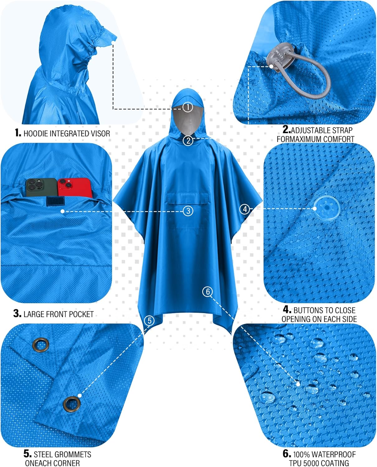 iCreek Hooded Rain Poncho with Pocket Waterproof Lightweight Unisex Raincoat Jacket for Hiking, Camping, Outdoor