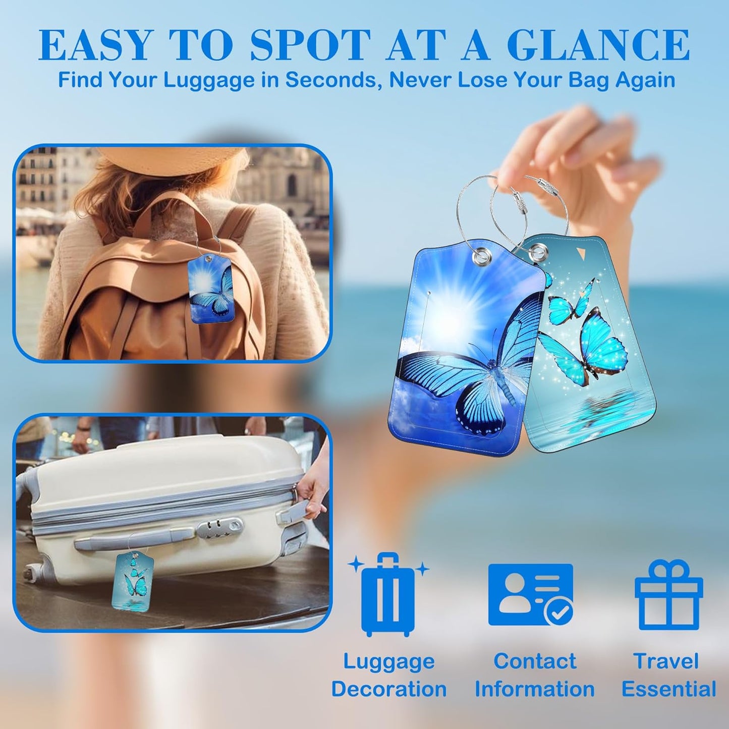 Blue Butterfly Luggage Tags for Suitcases Leather Travel Tags for Luggage ID Label with Privacy Cover and Stainless Steel Loop for Men Women Suitcase Backpack, Set of 2