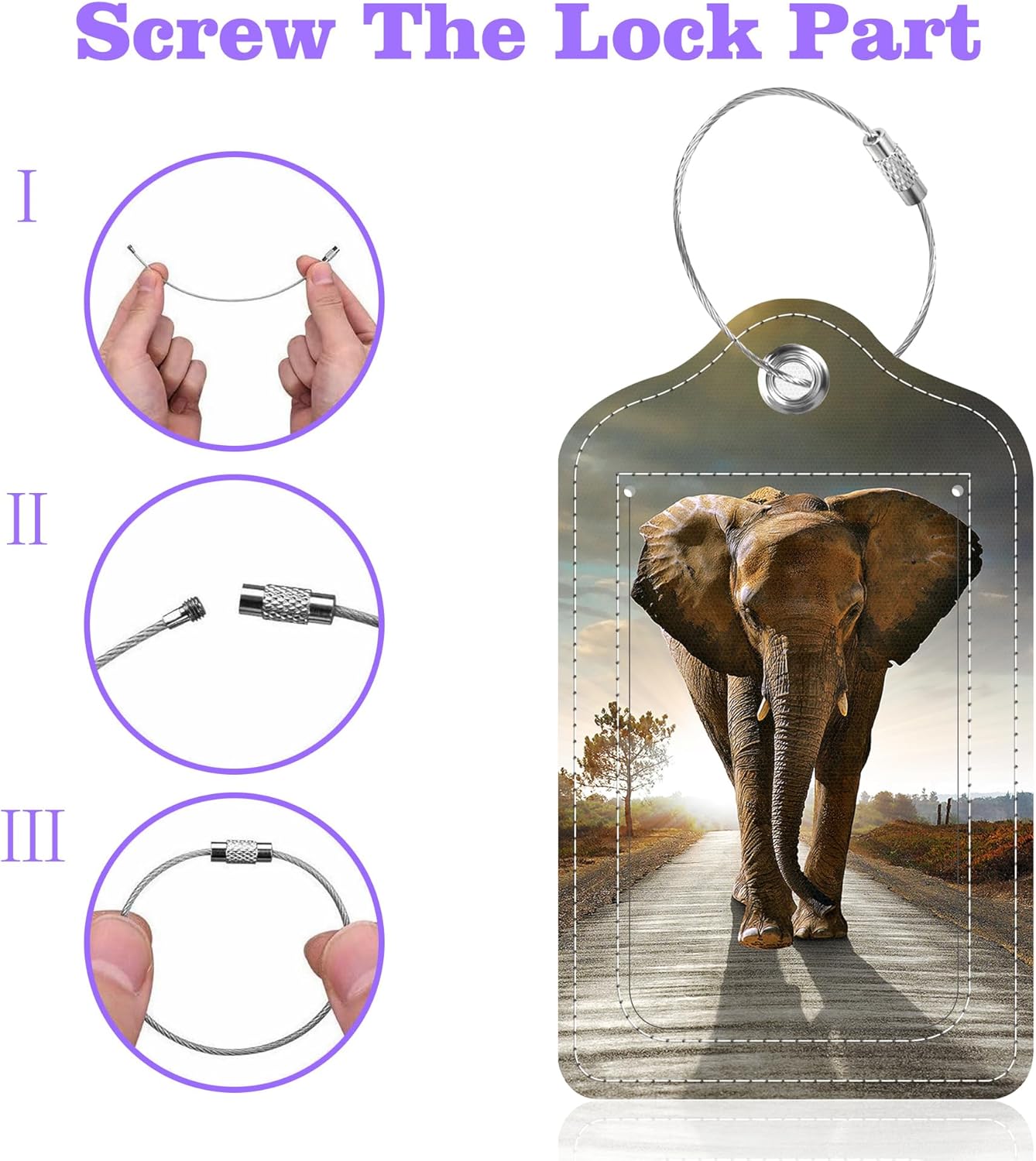 2 Pack Luggage Tags for Suitcase Elephant Walking with The Sun Leather Stainless Steel Loop Label Tags for Women Men Travel Bag Suitcase with Privacy Cover Name ID Card