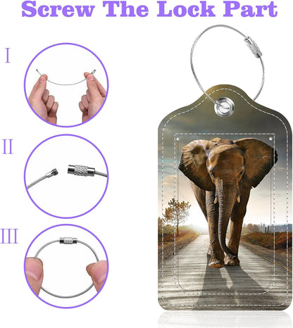 2 Pack Luggage Tags for Suitcase Elephant Walking with The Sun Leather Stainless Steel Loop Label Tags for Women Men Travel Bag Suitcase with Privacy Cover Name ID Card