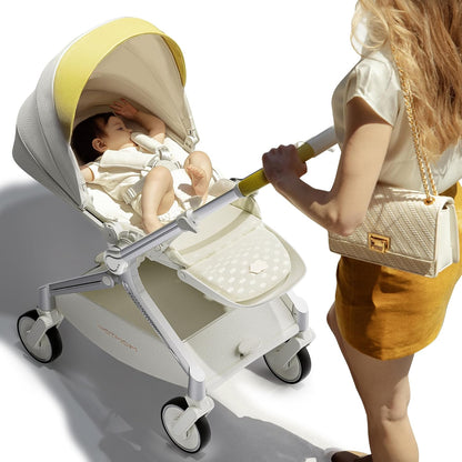 Hot Mom Lightweight Baby Stroller, Intelligent Seat Reversing and Anti-Shock Tire Combine Baby Pushchair, Newborn to Toddler's Baby Stroller,White