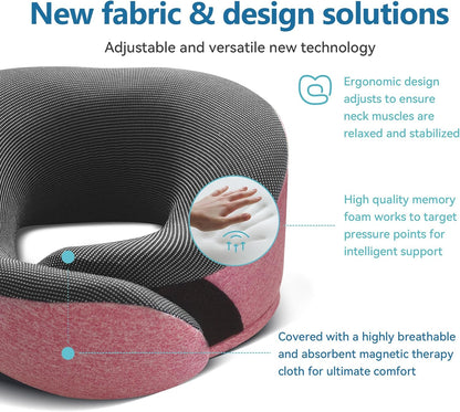 Pink Airplane Travel Pillow Set, 100% Pure Memory Foam Neck Pillow, Updated Material, Long Flight Travel Kit with 3D Contoured Eye Masks, Earplugs, and Luxury Bag