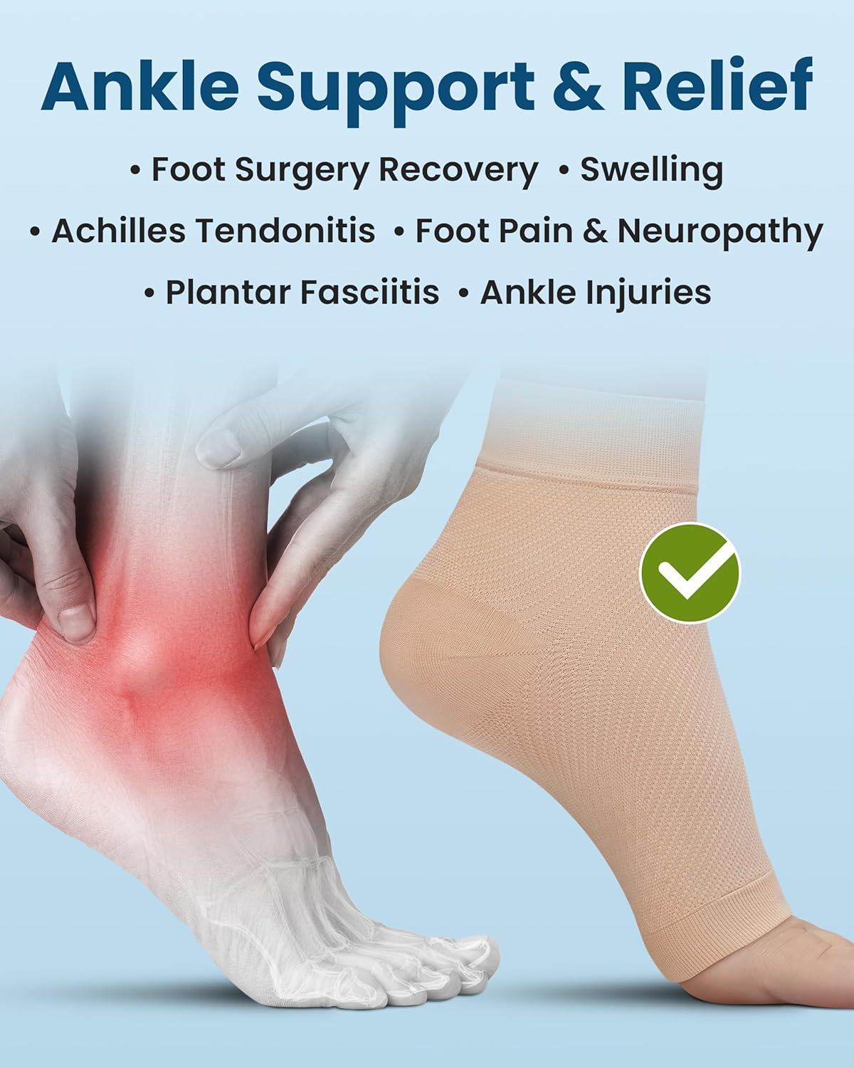 KEMFORD Ankle Compression Sleeve with Cooling Effect - Plantar Fasciitis Braces - Open Toe Compression Socks for Swelling, Sprain, Neuropathy, Arch Support for Men and Women - L, Beige