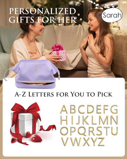 Initial Makeup Bag, Daughter Gifts, Personalized Double Layer Cosmetic Bag with Makeup Brush Organizer, Waterproof, Large Capacity PU Leather Travel Toiletry Bag Cute Things for Girls