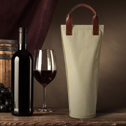 Tirrinia Single Wine Carrier Tote, Insulated Cooler Bag for Travel, Picnic & Gifts Padded Bottle Holder Tote for Men & Women, Canvas Beige