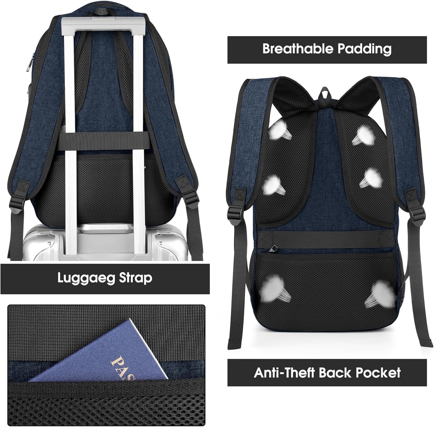 Backpack for Men Women, School Backpacks for Teen Boys, Business Anti Theft Sturdy Travel Laptop Backpack with USB Charging Port, Water Resistant 15.6 Inch Computer Bag Gift, Blue