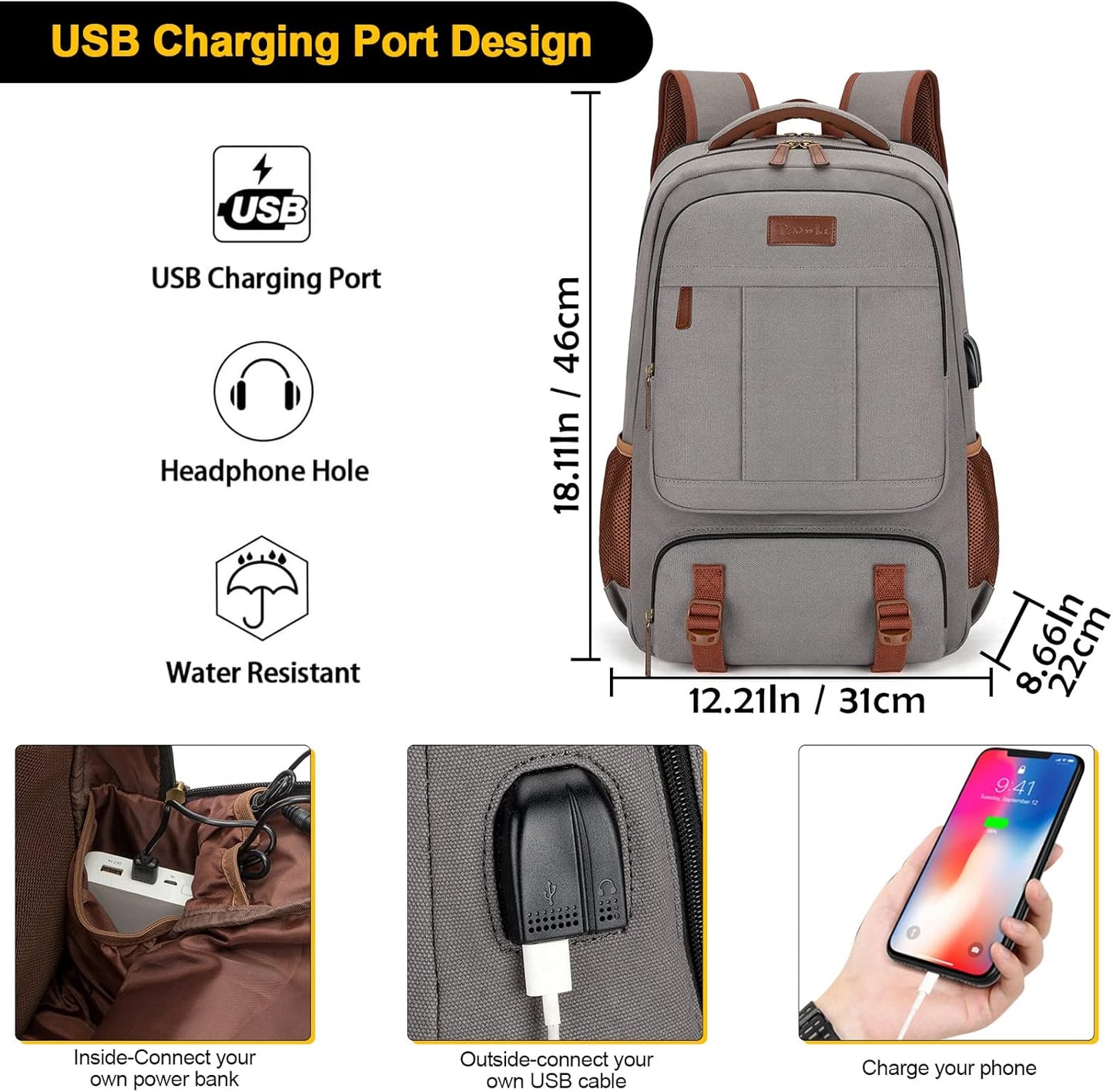 Tzowla Canvas Laptop Backpack, Bag for Men Women,Travel Work Rucksack Fits 15.6 Inch Laptop, Bookbag with USB Charging Port