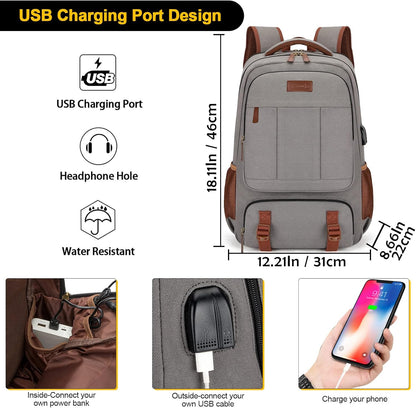 Tzowla Canvas Laptop Backpack, Bag for Men Women,Travel Work Rucksack Fits 15.6 Inch Laptop, Bookbag with USB Charging Port