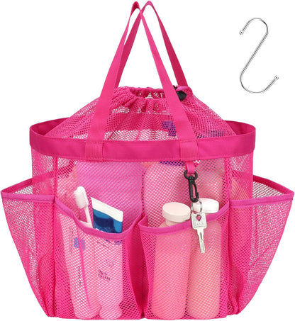 F-color Mesh Shower Caddy Portable with Drawstring - Upgrade Deeper 7 Pockets Dorm Room Essentials for Guys Girls with S Hook, Shower Bag Basket Tote for College Camping Toiletry Bathroom, Rose red