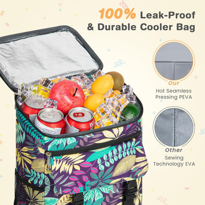 Cooler Backpack Soft Insulated Leak Proof 30 Cans Insulated Backpack Cooler Portable Picnic Camping Beach Hiking BBQ Lunch Backpack for Men and Women -Leaf Flowers