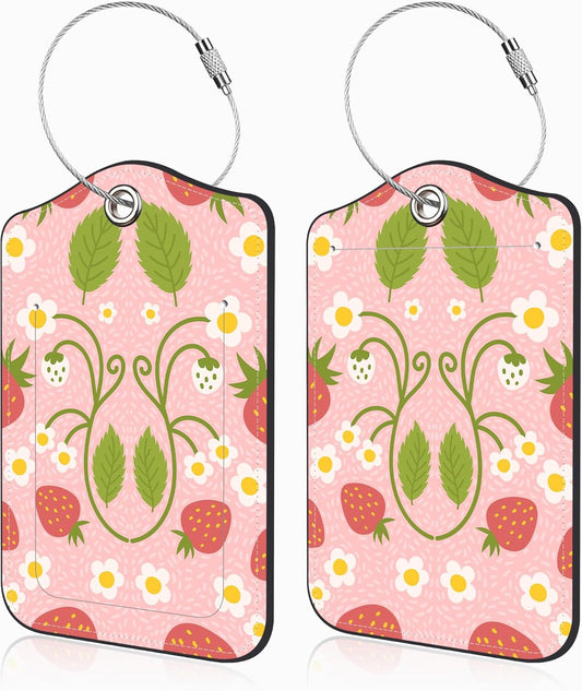 2 Pack Luggage Tags for Suitcases Strawberry and Flowers Leather Luggage Tags Privacy Cover ID Label with Stainless Steel Loop and Address Card for Women Men Travel Bag Backpack
